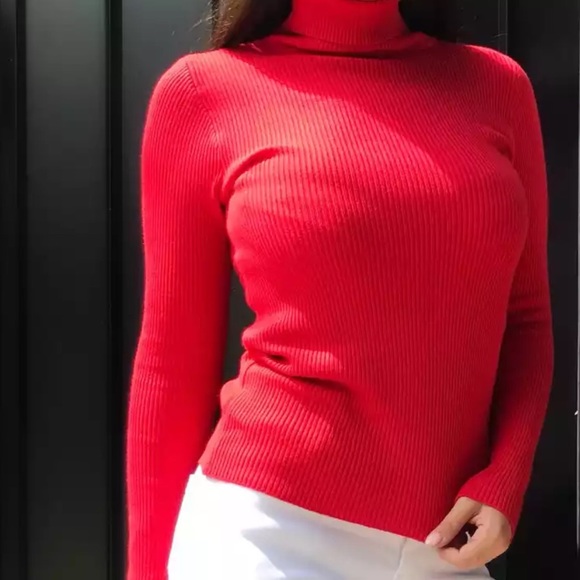 Red Ribbed Turtleneck Sweater - Picture 2 of 7